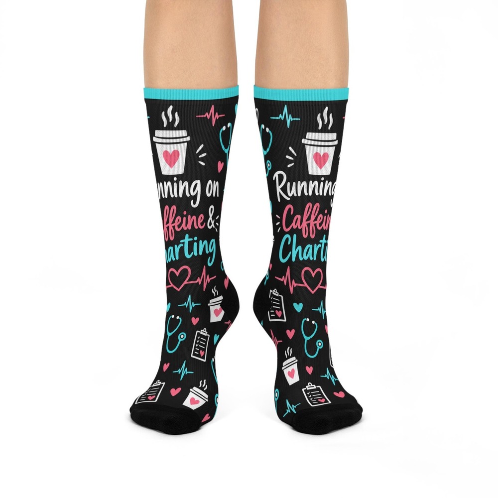 Nurse Socks Running on Caffeine & Charting Healthcare Gift Cushioned Crew Socks